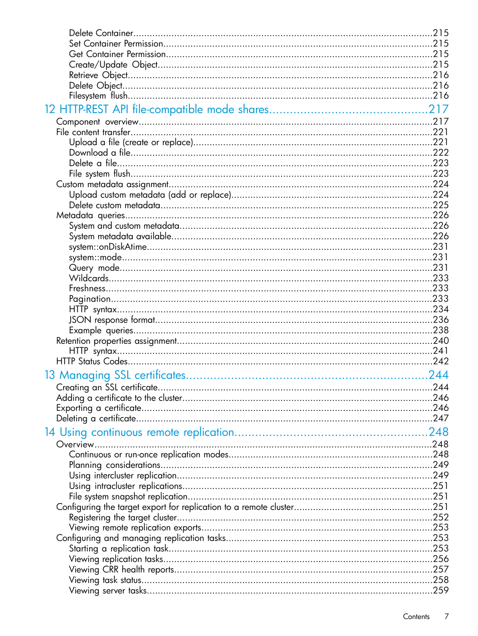 13 managing ssl certificates, 14 using continuous remote replication | HP StoreAll Storage User Manual | Page 7 / 406