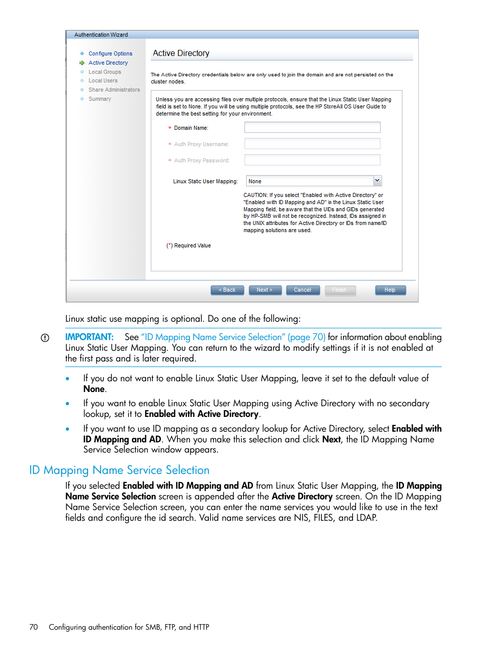 Id mapping name service selection | HP StoreAll Storage User Manual | Page 70 / 406