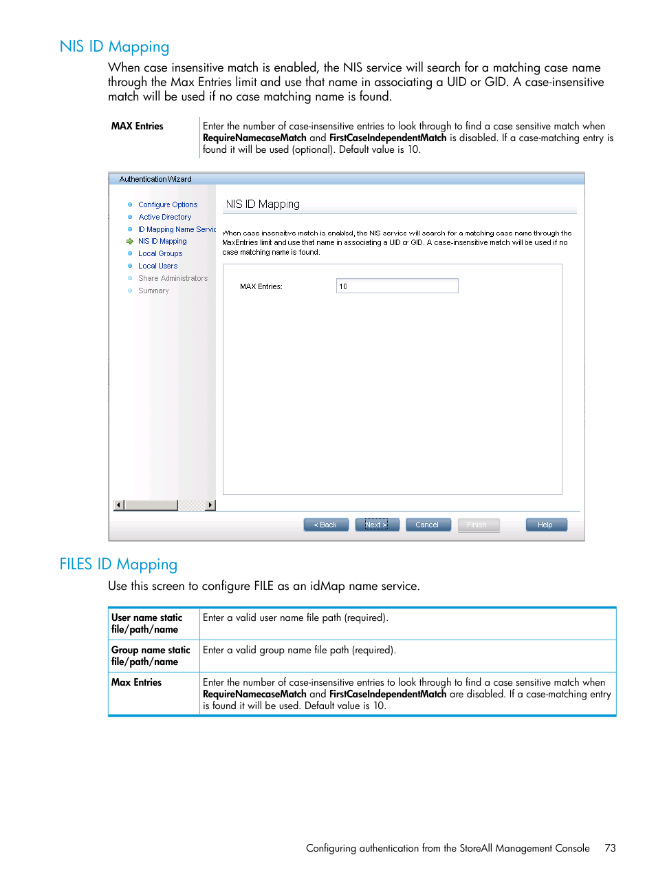Nis id mapping, Files id mapping, Nis id mapping files id mapping | HP StoreAll Storage User Manual | Page 73 / 406