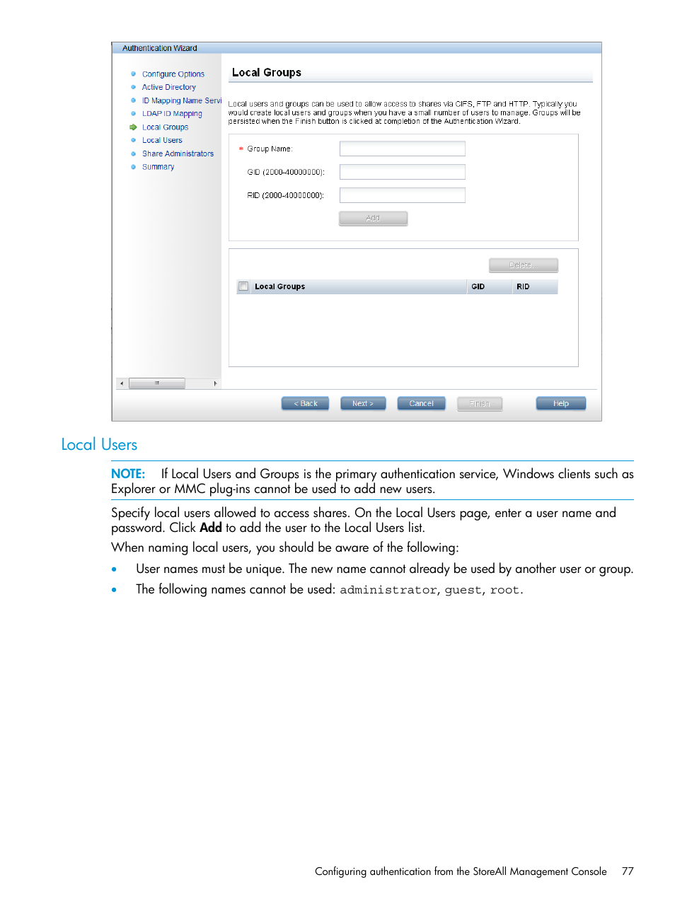 Local users | HP StoreAll Storage User Manual | Page 77 / 406