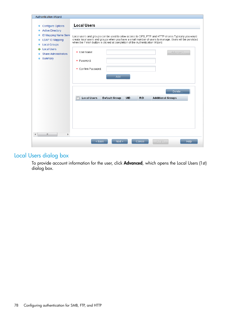 Local users dialog box | HP StoreAll Storage User Manual | Page 78 / 406