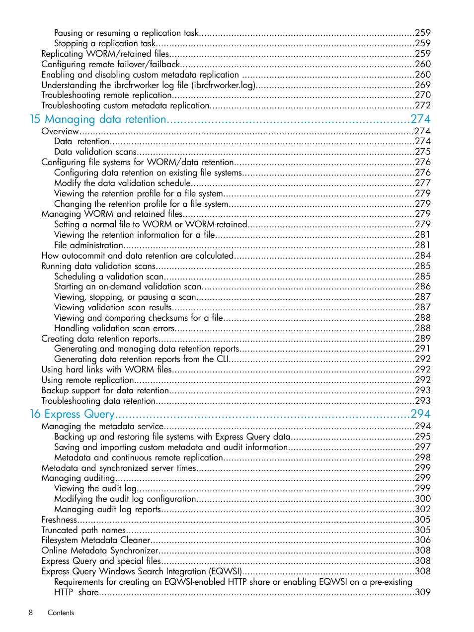 15 managing data retention, 16 express query | HP StoreAll Storage User Manual | Page 8 / 406