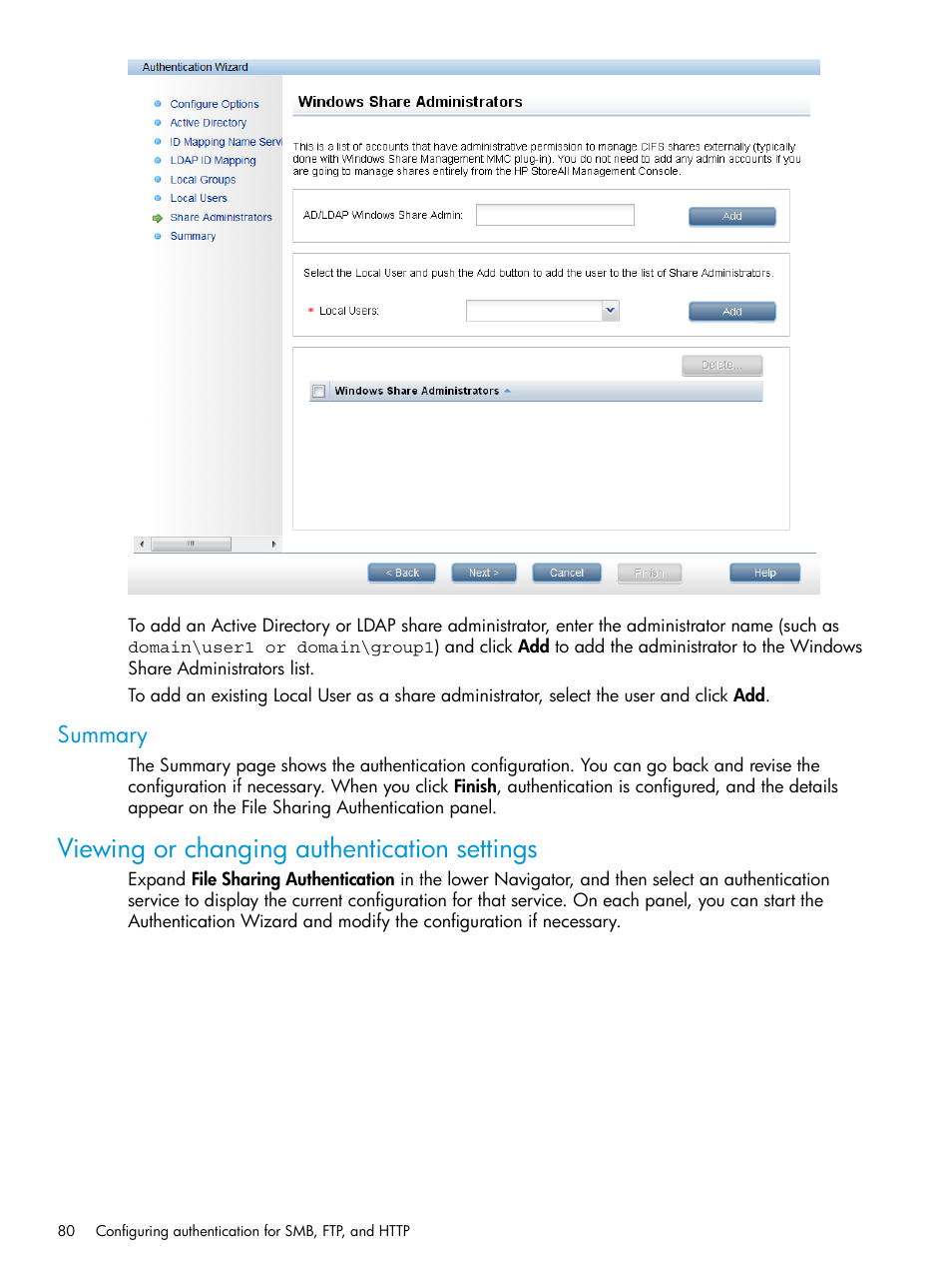 Summary, Viewing or changing authentication settings | HP StoreAll Storage User Manual | Page 80 / 406