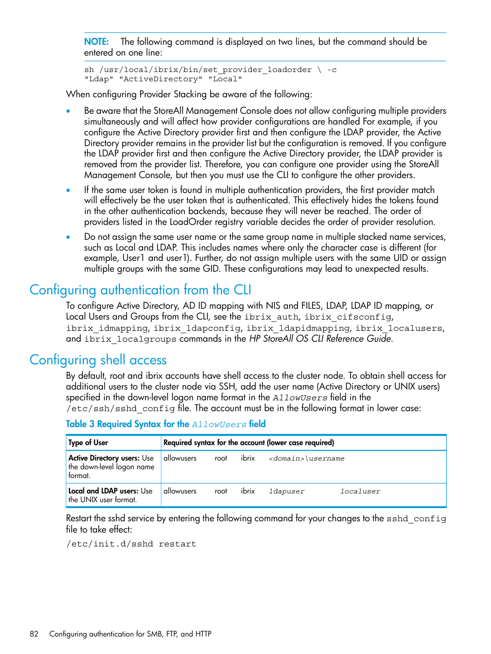 Configuring authentication from the cli, Configuring shell access | HP StoreAll Storage User Manual | Page 82 / 406