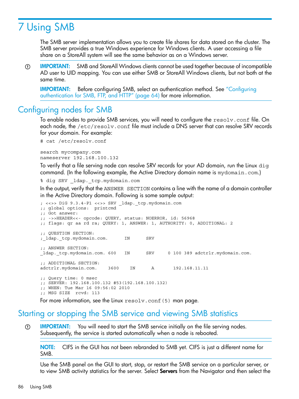 7 using smb, Configuring nodes for smb | HP StoreAll Storage User Manual | Page 86 / 406