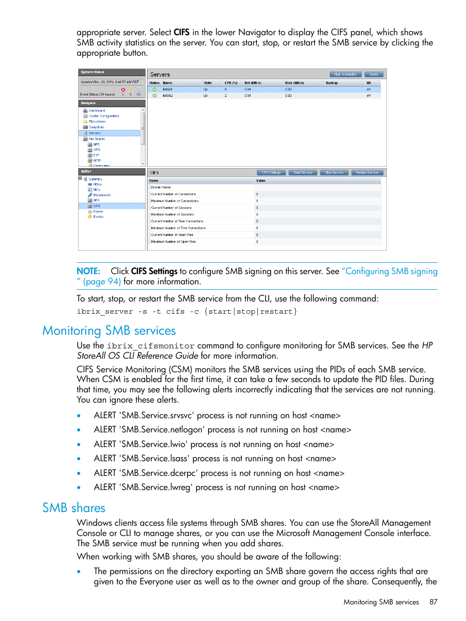 Monitoring smb services, Smb shares | HP StoreAll Storage User Manual | Page 87 / 406