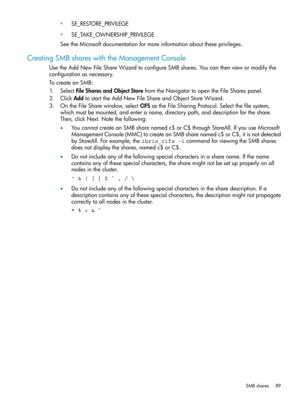 Creating smb shares with the management console | HP StoreAll Storage User Manual | Page 89 / 406
