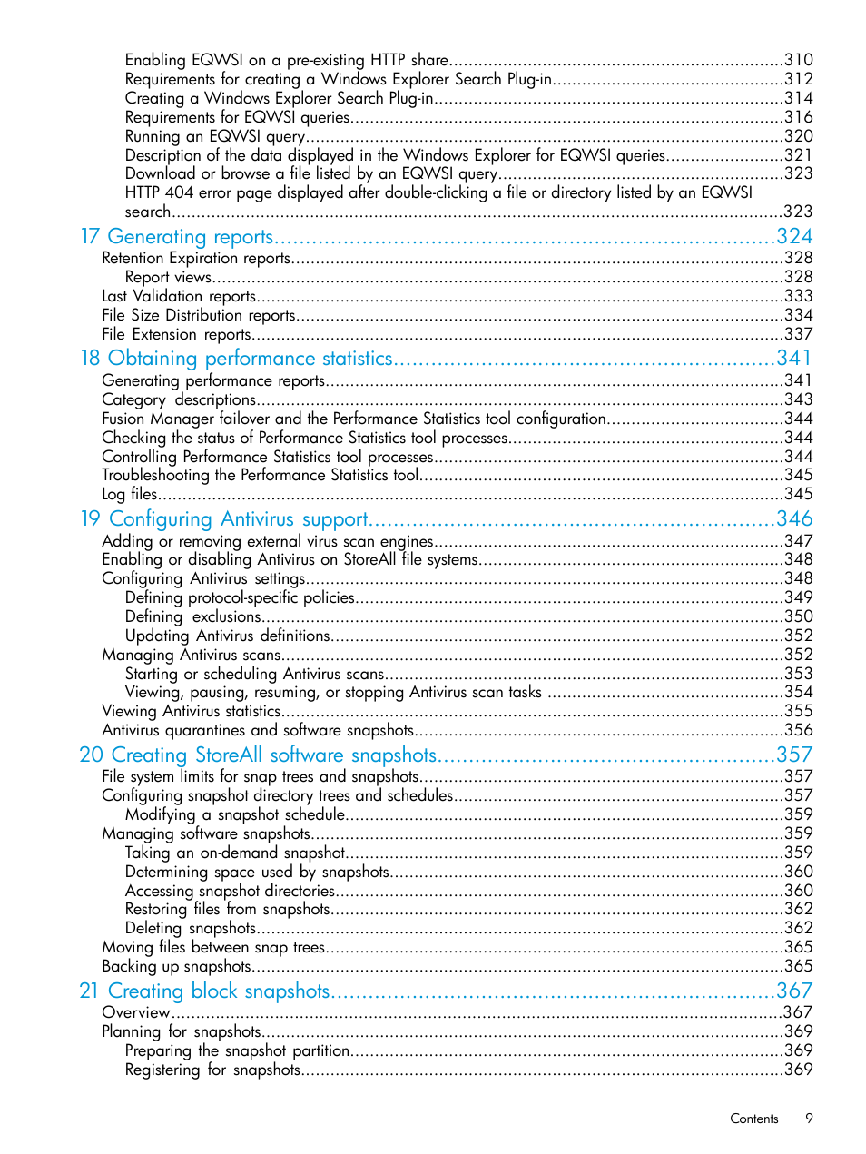 17 generating reports, 18 obtaining performance statistics, 19 configuring antivirus support | 20 creating storeall software snapshots, 21 creating block snapshots | HP StoreAll Storage User Manual | Page 9 / 406