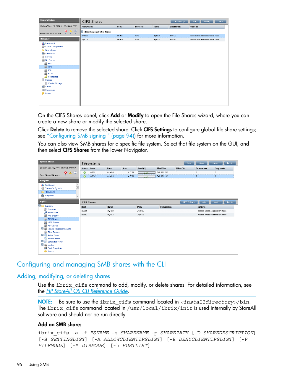 Configuring and managing smb shares with the cli, Adding, modifying, or deleting shares | HP StoreAll Storage User Manual | Page 96 / 406