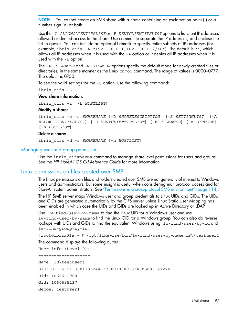 Managing user and group permissions, Linux permissions on files created over smb | HP StoreAll Storage User Manual | Page 97 / 406