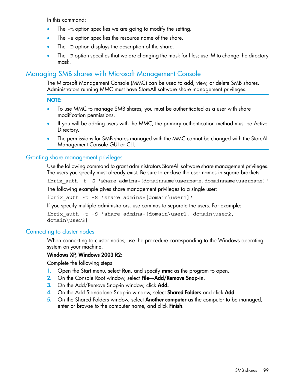 Granting share management privileges, Connecting to cluster nodes | HP StoreAll Storage User Manual | Page 99 / 406