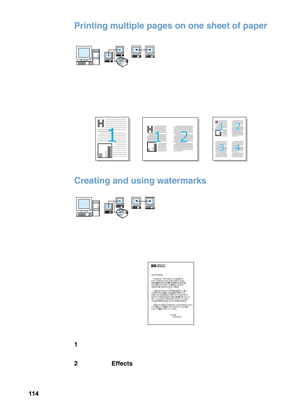 Creating and using watermarks, Printing multiple pages on one sheet of paper | HP LaserJet 3200 All-in-One Printer series User Manual | Page 116 / 288