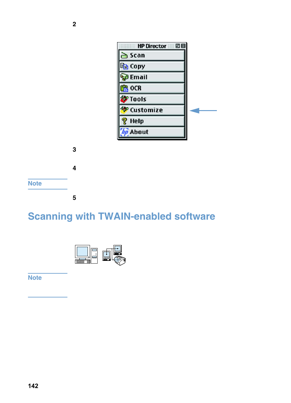 Scanning with twain-enabled software | HP LaserJet 3200 All-in-One Printer series User Manual | Page 144 / 288