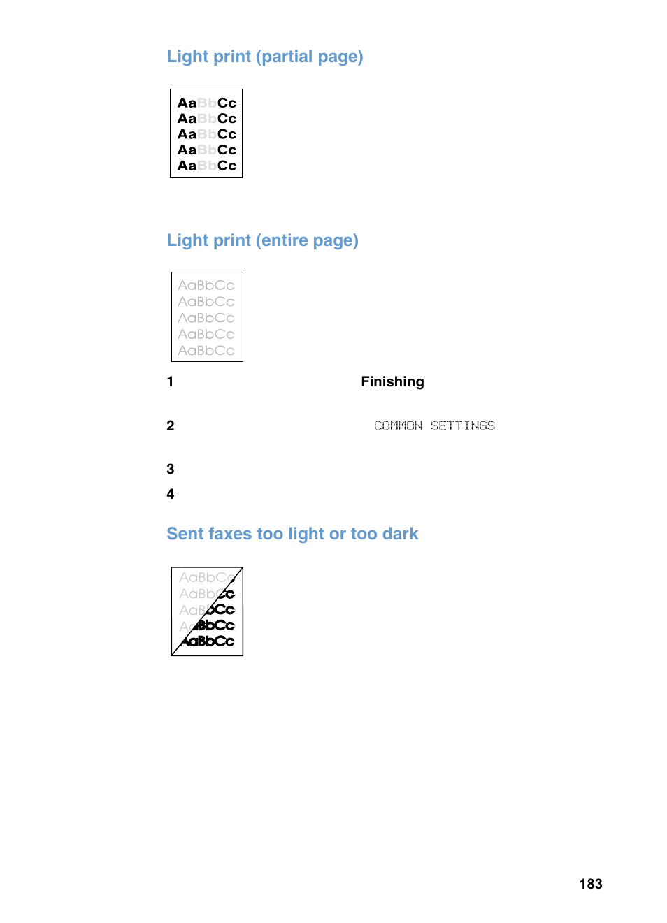 Light print (partial page), Light print (entire page), Sent faxes too light or too dark | HP LaserJet 3200 All-in-One Printer series User Manual | Page 185 / 288