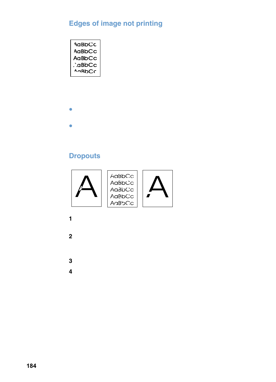 Edges of image not printing, Dropouts | HP LaserJet 3200 All-in-One Printer series User Manual | Page 186 / 288