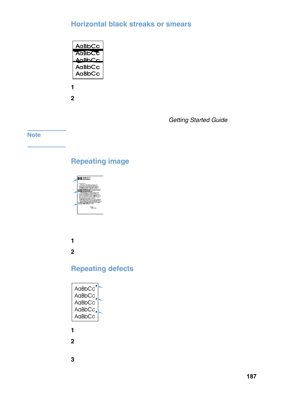 Horizontal black streaks or smears, Repeating image, Repeating defects | HP LaserJet 3200 All-in-One Printer series User Manual | Page 189 / 288