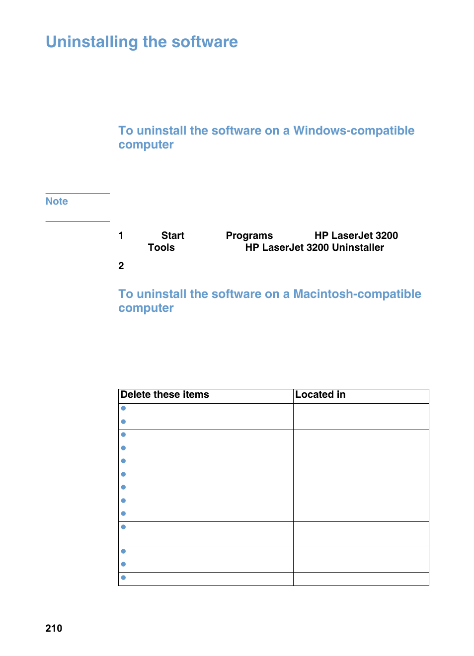 Uninstalling the software | HP LaserJet 3200 All-in-One Printer series User Manual | Page 212 / 288
