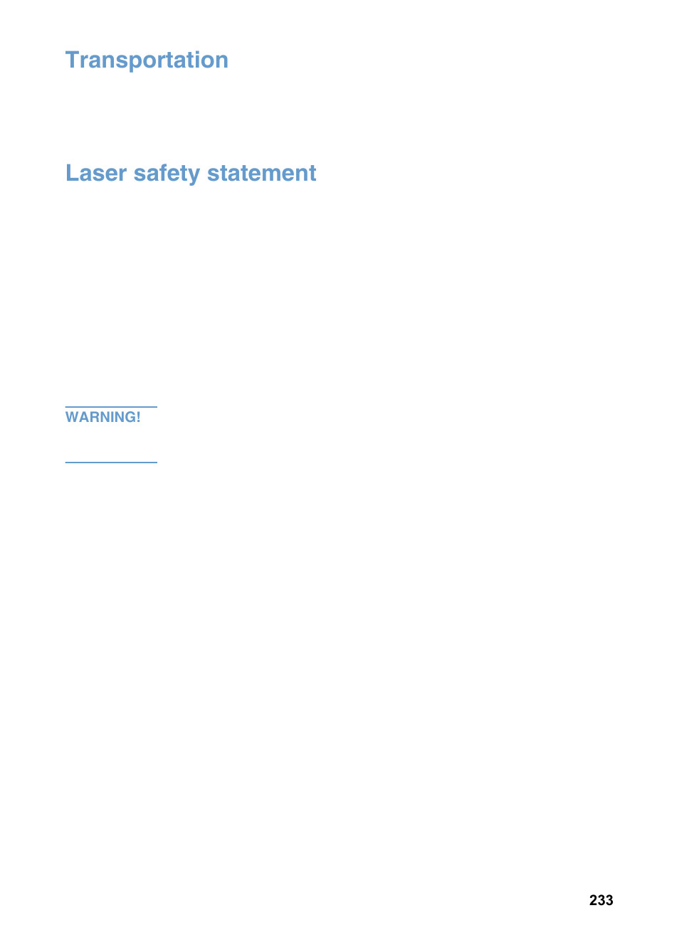 Transportation, Laser safety statement, Transportation laser safety statement | HP LaserJet 3200 All-in-One Printer series User Manual | Page 235 / 288
