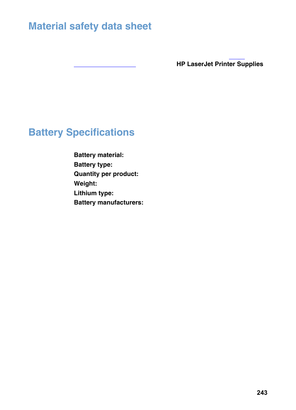 Material safety data sheet, Battery specifications, Material safety data sheet battery specifications | HP LaserJet 3200 All-in-One Printer series User Manual | Page 245 / 288