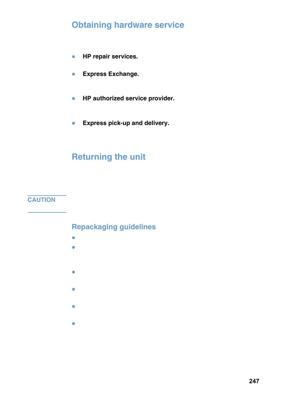 Obtaining hardware service, Returning the unit, Obtaining hardware service returning the unit | Repackaging guidelines | HP LaserJet 3200 All-in-One Printer series User Manual | Page 249 / 288