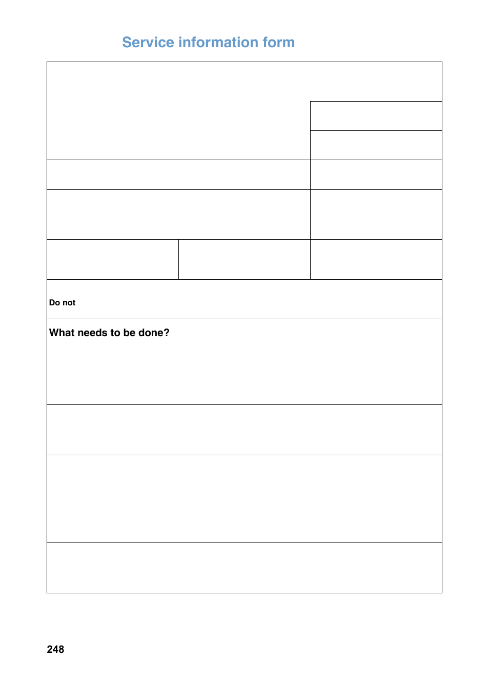Service information form | HP LaserJet 3200 All-in-One Printer series User Manual | Page 250 / 288