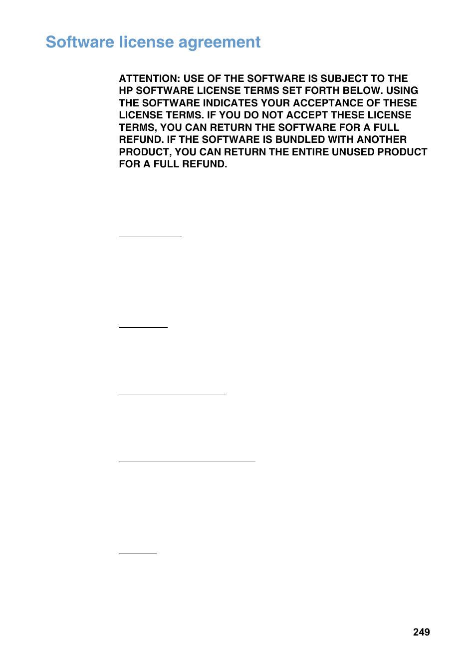 Software license agreement | HP LaserJet 3200 All-in-One Printer series User Manual | Page 251 / 288