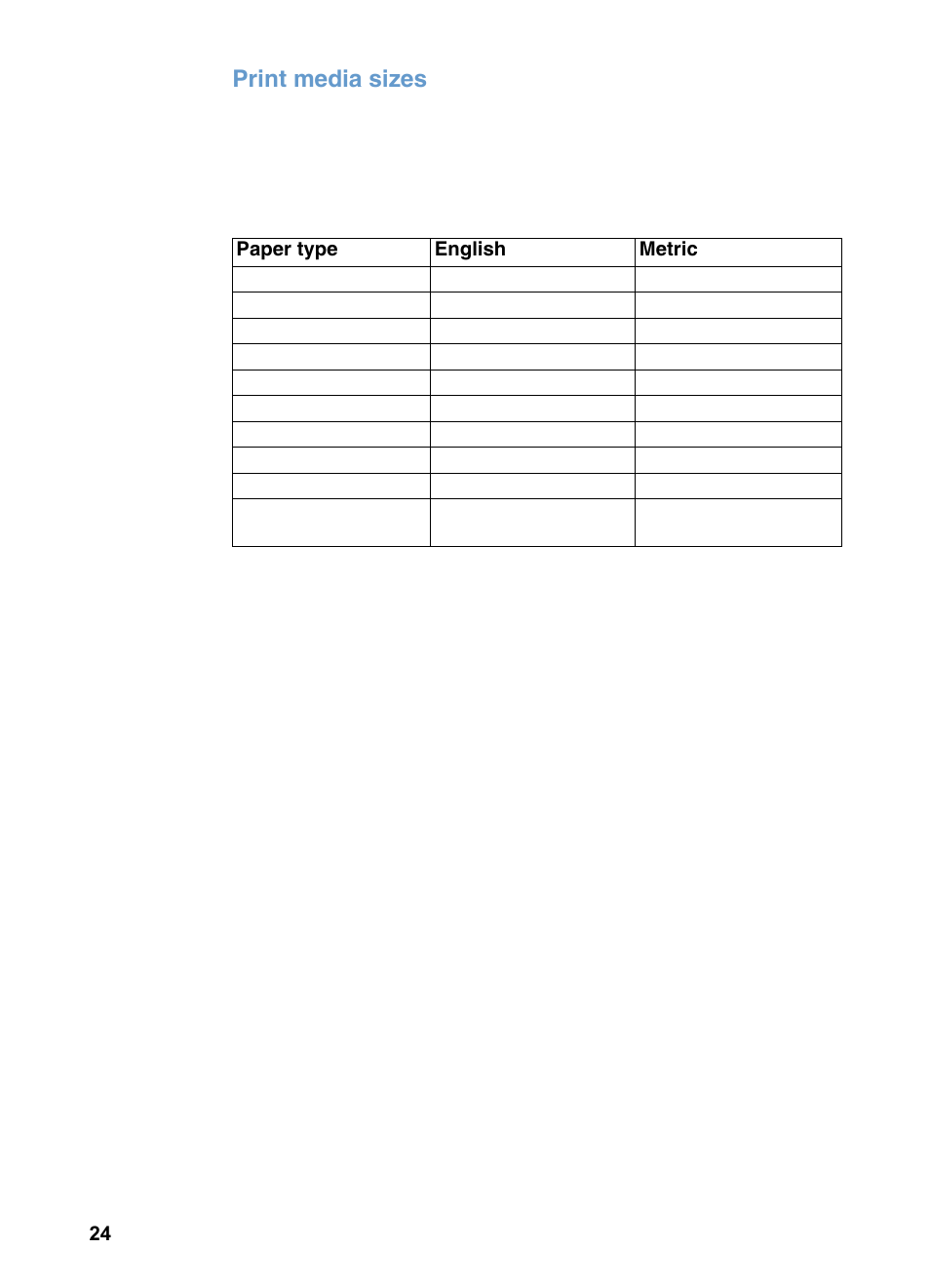 Print media sizes | HP LaserJet 3200 All-in-One Printer series User Manual | Page 26 / 288