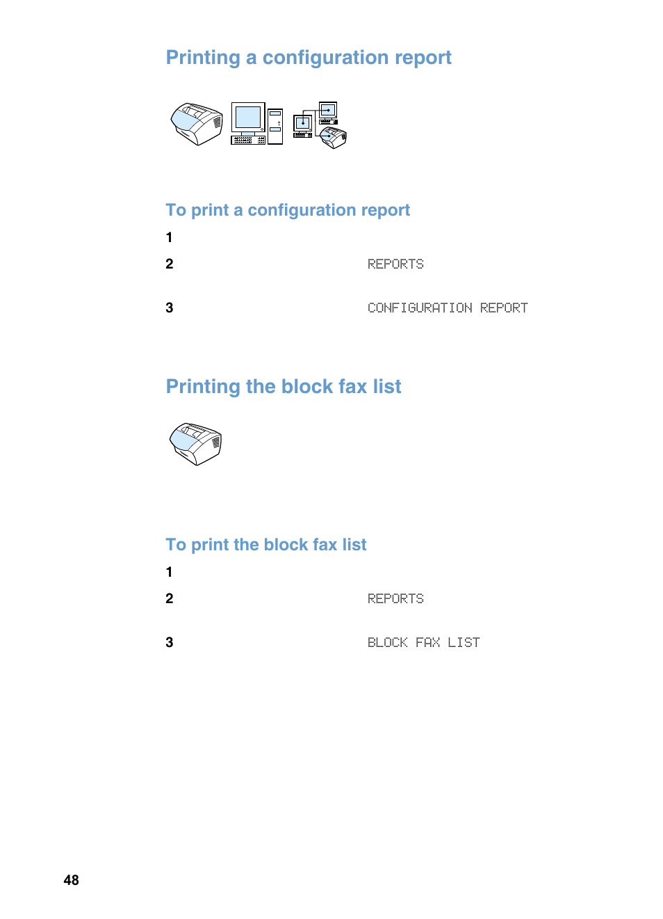 Printing a configuration report, Printing the block fax list | HP LaserJet 3200 All-in-One Printer series User Manual | Page 50 / 288