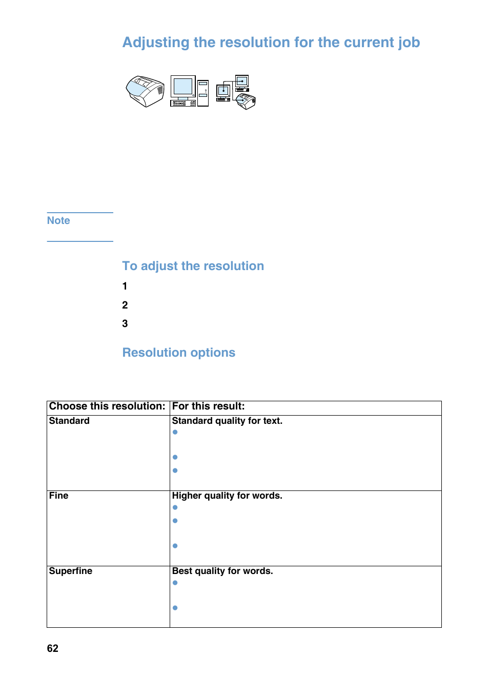 Adjusting the resolution for the current job, Resolution options | HP LaserJet 3200 All-in-One Printer series User Manual | Page 64 / 288