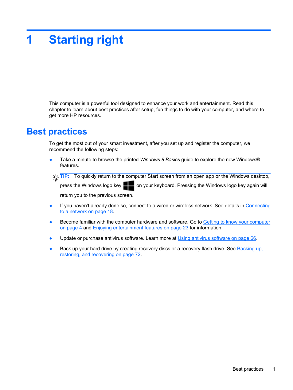 Starting right, Best practices, 1 starting right | 1starting right | HP Spectre XT Ultrabook CTO 13t-2100 User Manual | Page 11 / 95