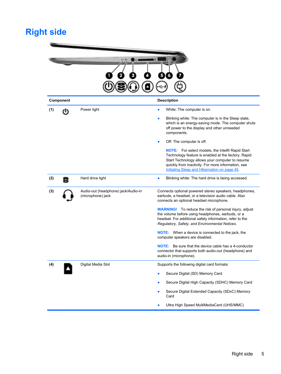 Right side, Right side 5 | HP Spectre XT Ultrabook CTO 13t-2100 User Manual | Page 15 / 95