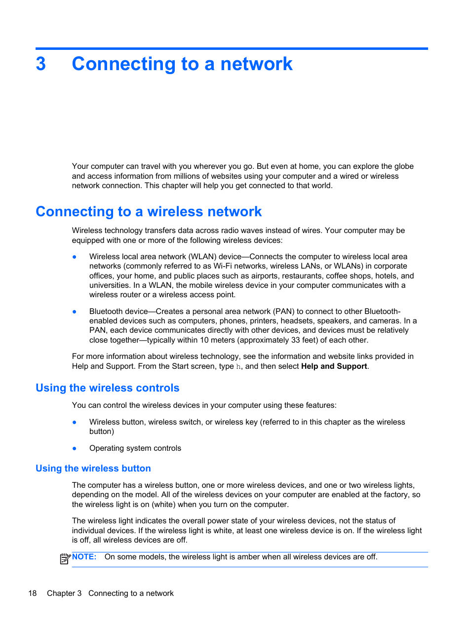 Connecting to a network, Connecting to a wireless network, Using the wireless controls | Using the wireless button, 3 connecting to a network, Connecting, 3connecting to a network | HP Spectre XT Ultrabook CTO 13t-2100 User Manual | Page 28 / 95