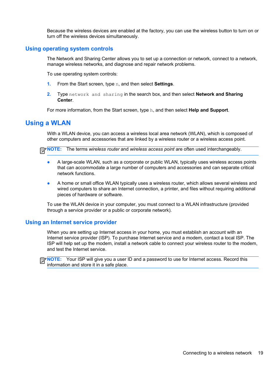 Using operating system controls, Using a wlan, Using an internet service provider | HP Spectre XT Ultrabook CTO 13t-2100 User Manual | Page 29 / 95