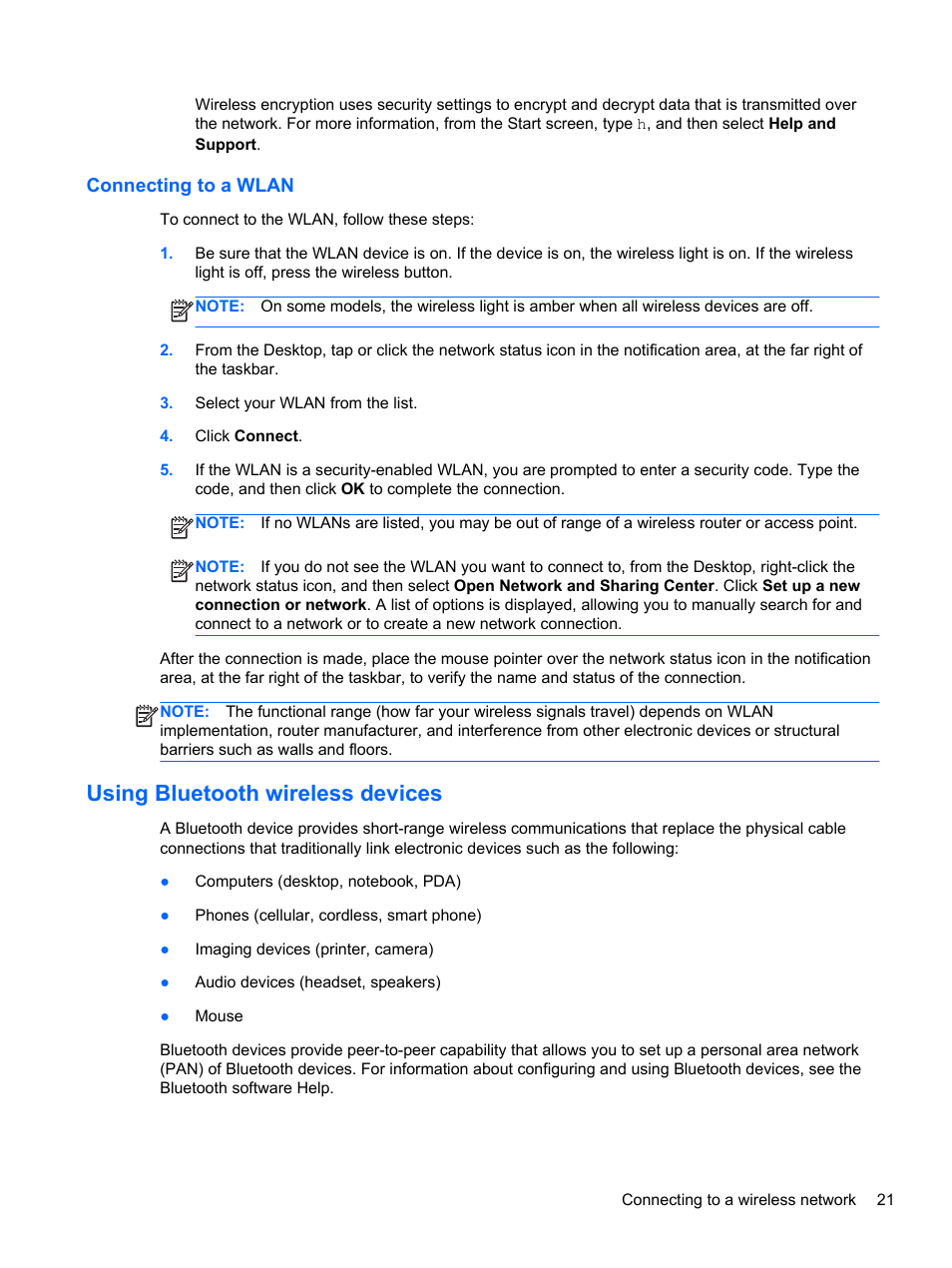 Connecting to a wlan, Using bluetooth wireless devices | HP Spectre XT Ultrabook CTO 13t-2100 User Manual | Page 31 / 95