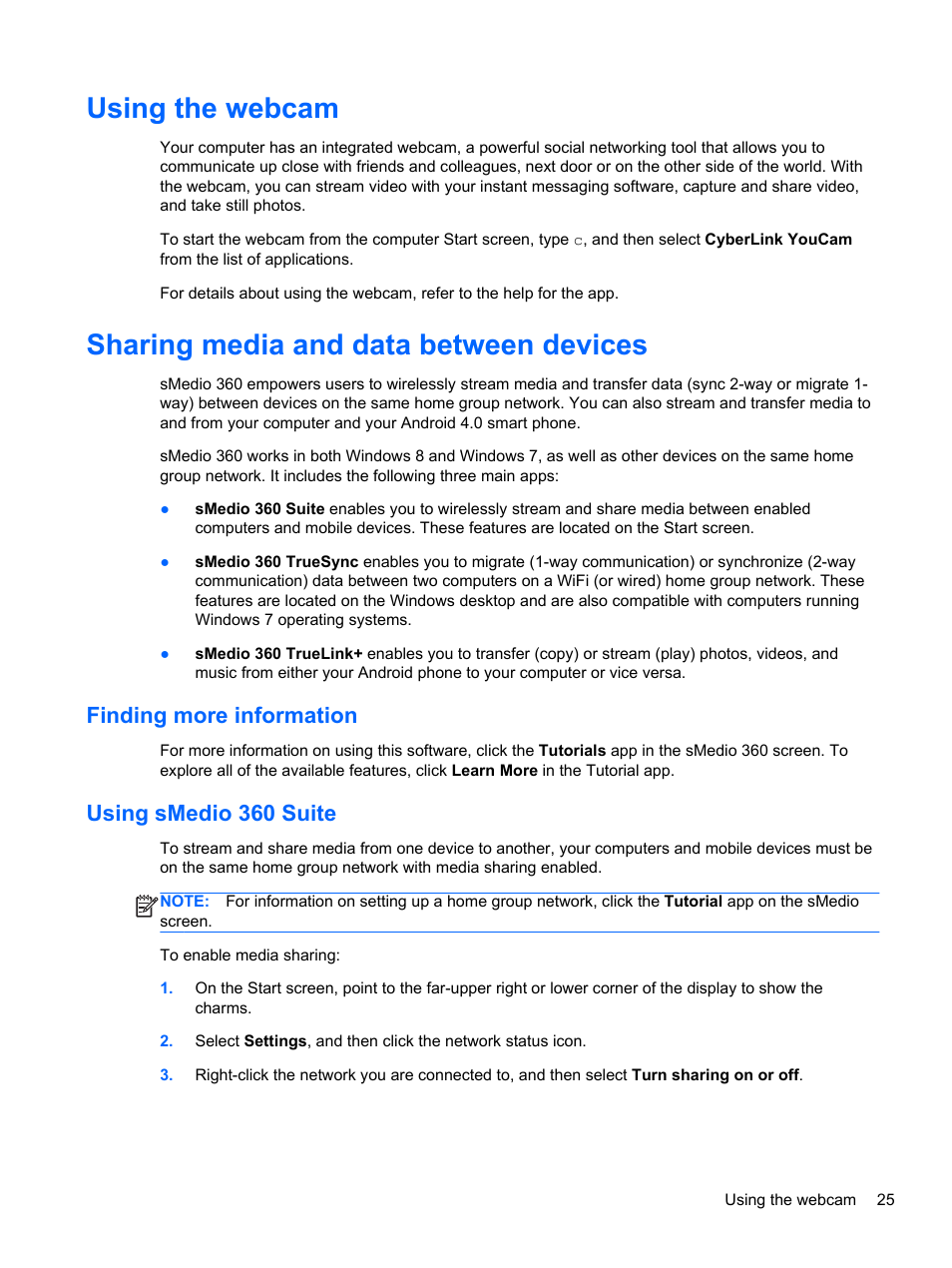 Using the webcam, Sharing media and data between devices, Finding more information | Using smedio 360 suite, Finding more information using smedio 360 suite | HP Spectre XT Ultrabook CTO 13t-2100 User Manual | Page 35 / 95