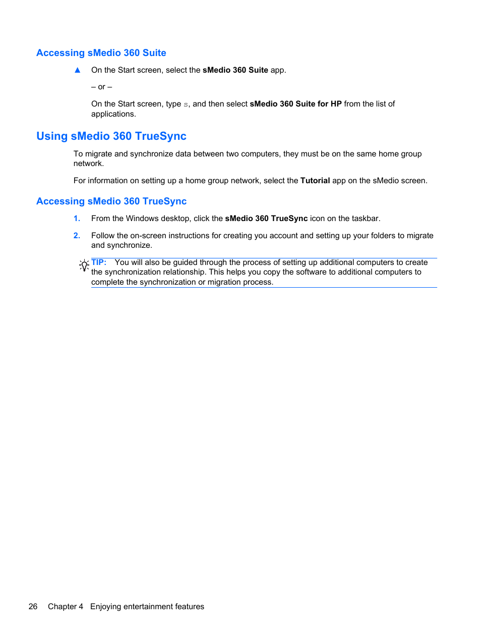 Accessing smedio 360 suite, Using smedio 360 truesync, Accessing smedio 360 truesync | HP Spectre XT Ultrabook CTO 13t-2100 User Manual | Page 36 / 95