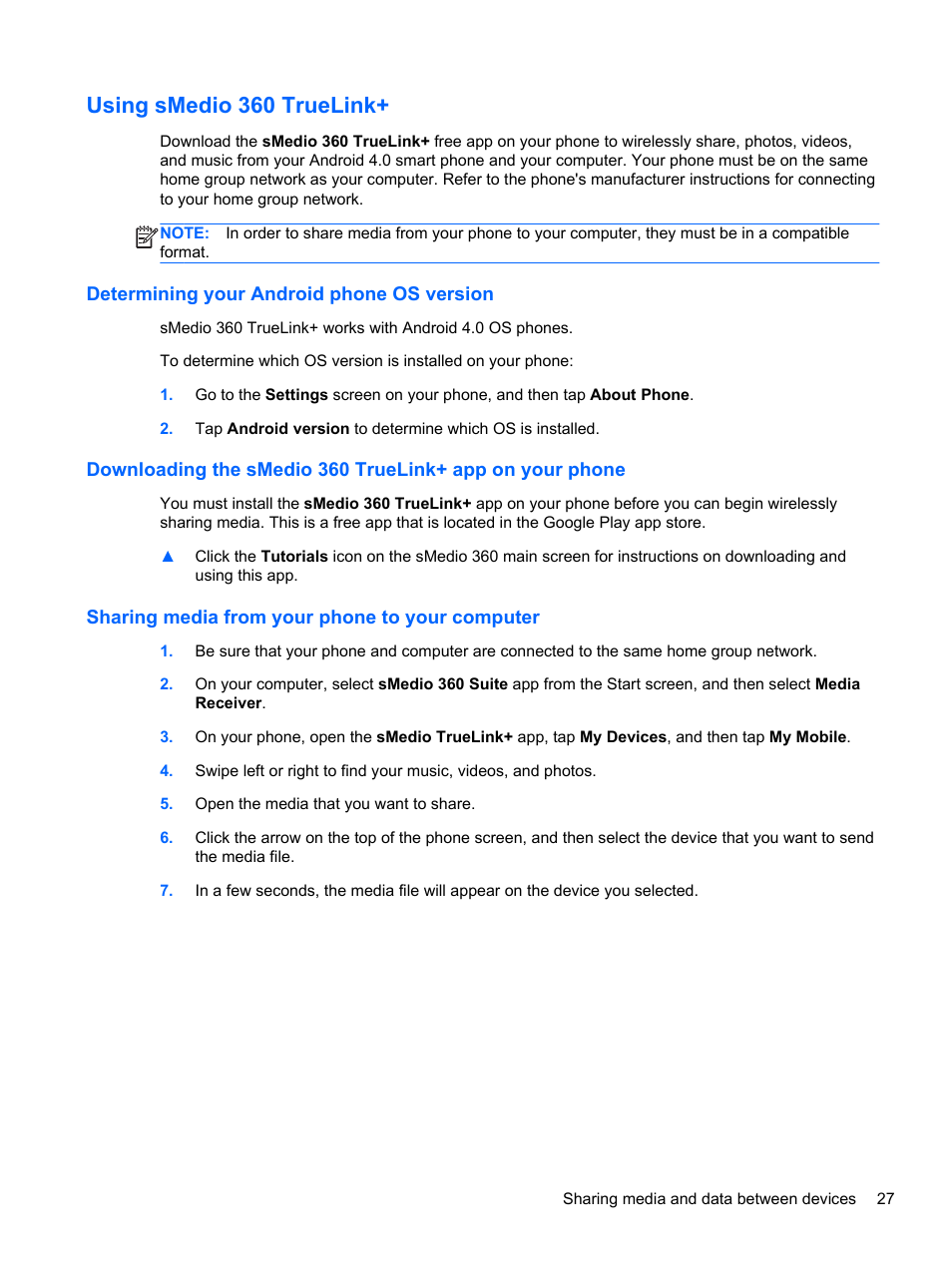 Using smedio 360 truelink, Determining your android phone os version, Sharing media from your phone to your computer | HP Spectre XT Ultrabook CTO 13t-2100 User Manual | Page 37 / 95