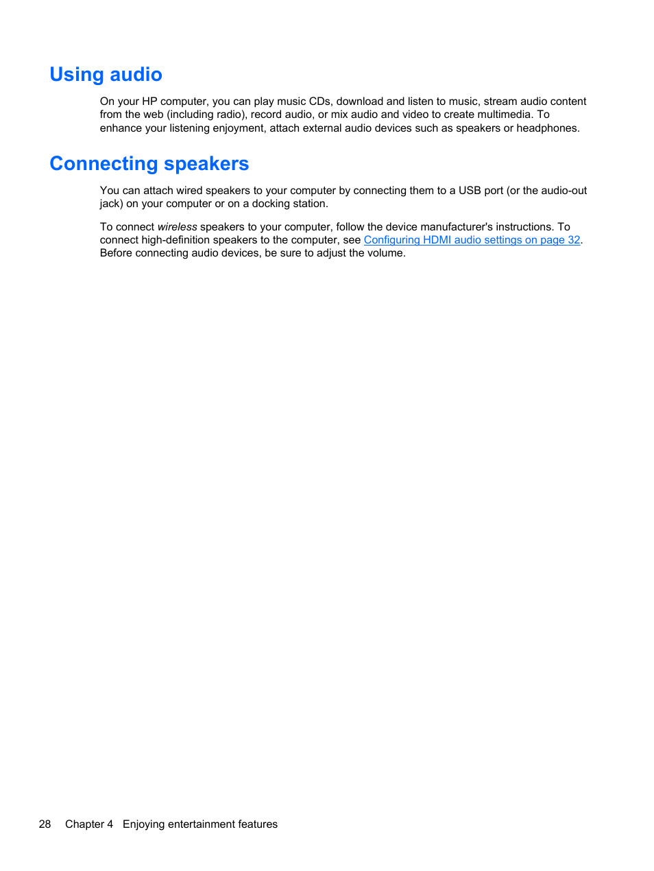 Using audio, Connecting speakers, Using audio connecting speakers | Using | HP Spectre XT Ultrabook CTO 13t-2100 User Manual | Page 38 / 95