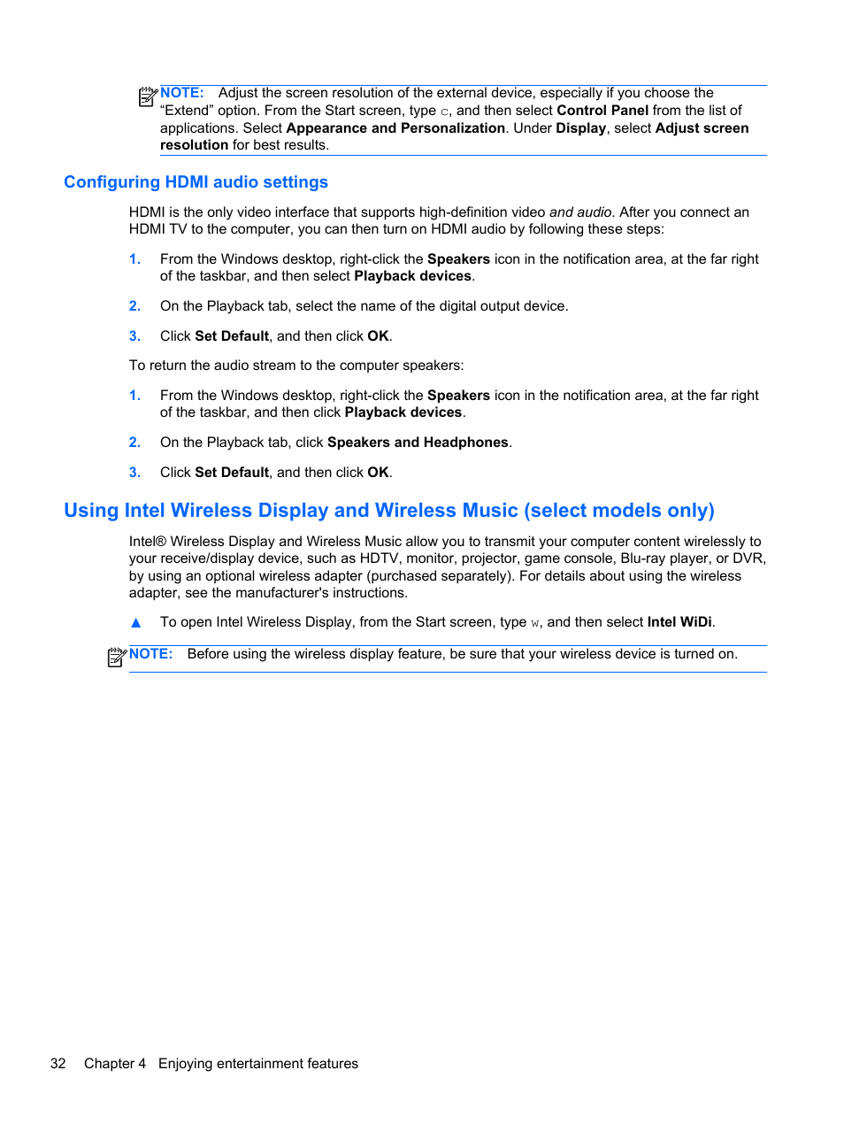 Configuring hdmi audio settings | HP Spectre XT Ultrabook CTO 13t-2100 User Manual | Page 42 / 95