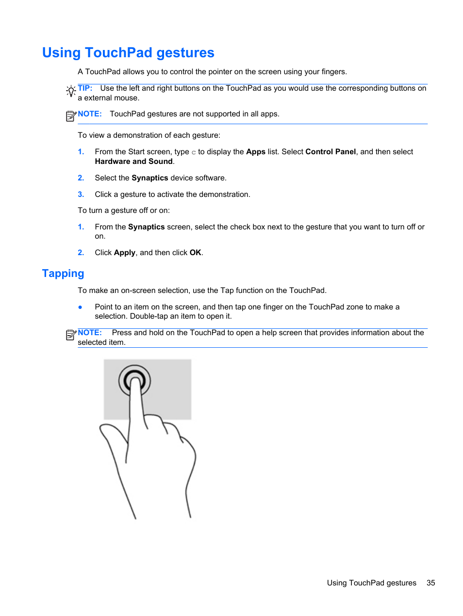 Using touchpad gestures, Tapping, Text. see | HP Spectre XT Ultrabook CTO 13t-2100 User Manual | Page 45 / 95