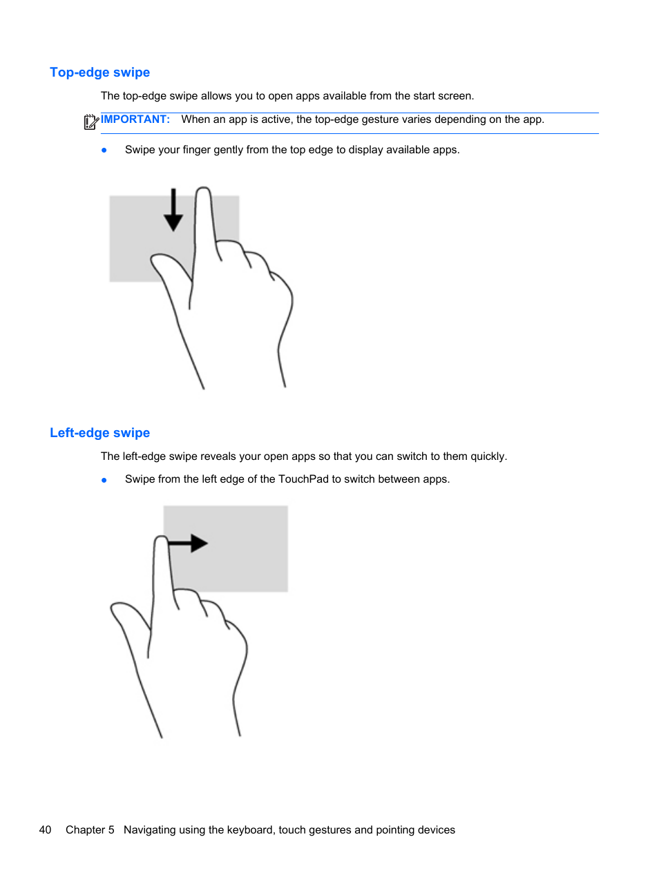 Top-edge swipe, Left-edge swipe, Top-edge swipe left-edge swipe | HP Spectre XT Ultrabook CTO 13t-2100 User Manual | Page 50 / 95