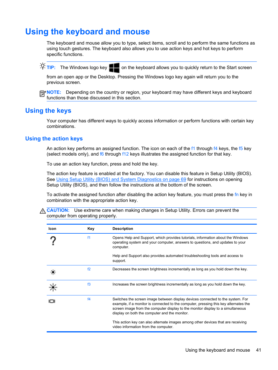 Using the keyboard and mouse, Using the keys, Using the action keys | HP Spectre XT Ultrabook CTO 13t-2100 User Manual | Page 51 / 95