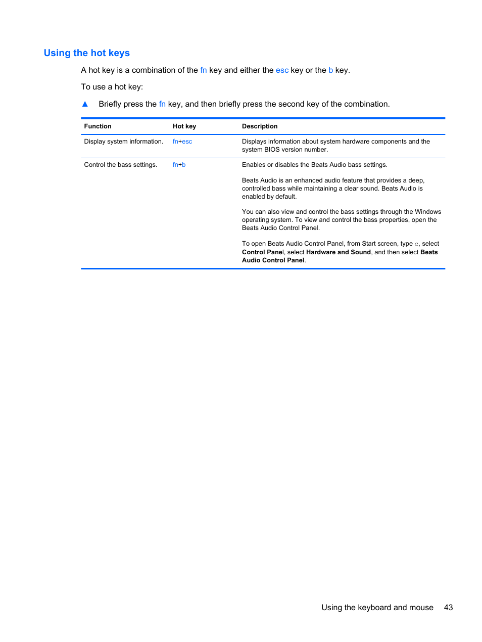 Using the hot keys | HP Spectre XT Ultrabook CTO 13t-2100 User Manual | Page 53 / 95