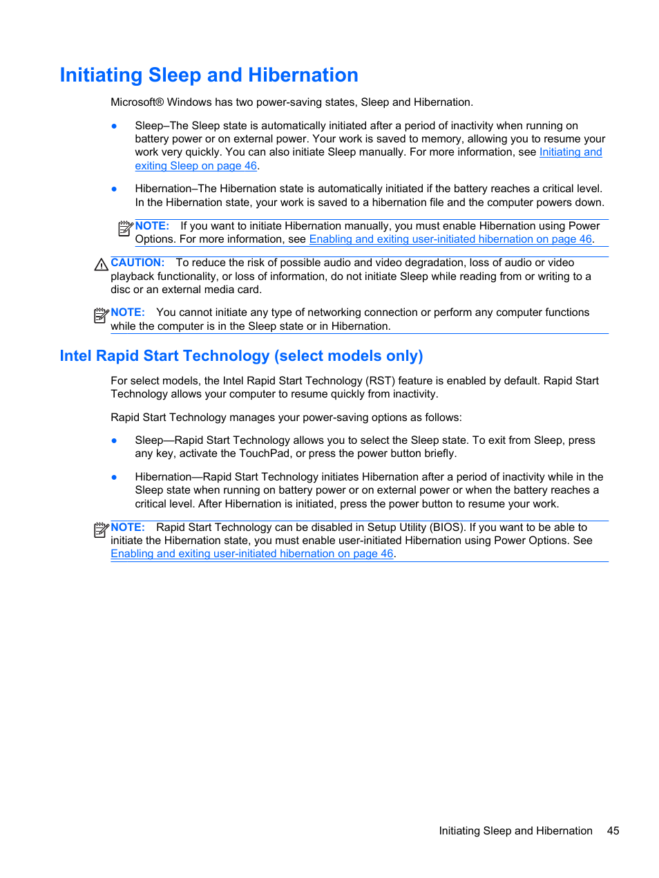 Initiating sleep and hibernation, Intel rapid start technology (select models only), Initiating sleep and | HP Spectre XT Ultrabook CTO 13t-2100 User Manual | Page 55 / 95