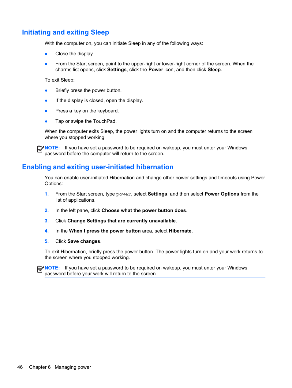 Initiating and exiting sleep, Enabling and exiting user-initiated hibernation, Initiating and | Information, see | HP Spectre XT Ultrabook CTO 13t-2100 User Manual | Page 56 / 95