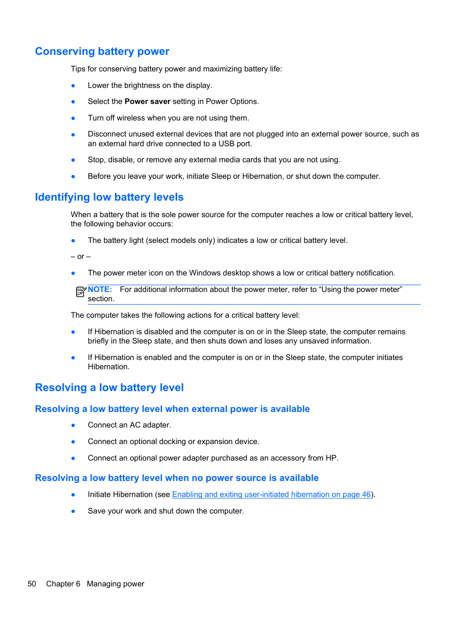 Conserving battery power, Identifying low battery levels, Resolving a low battery level | HP Spectre XT Ultrabook CTO 13t-2100 User Manual | Page 60 / 95