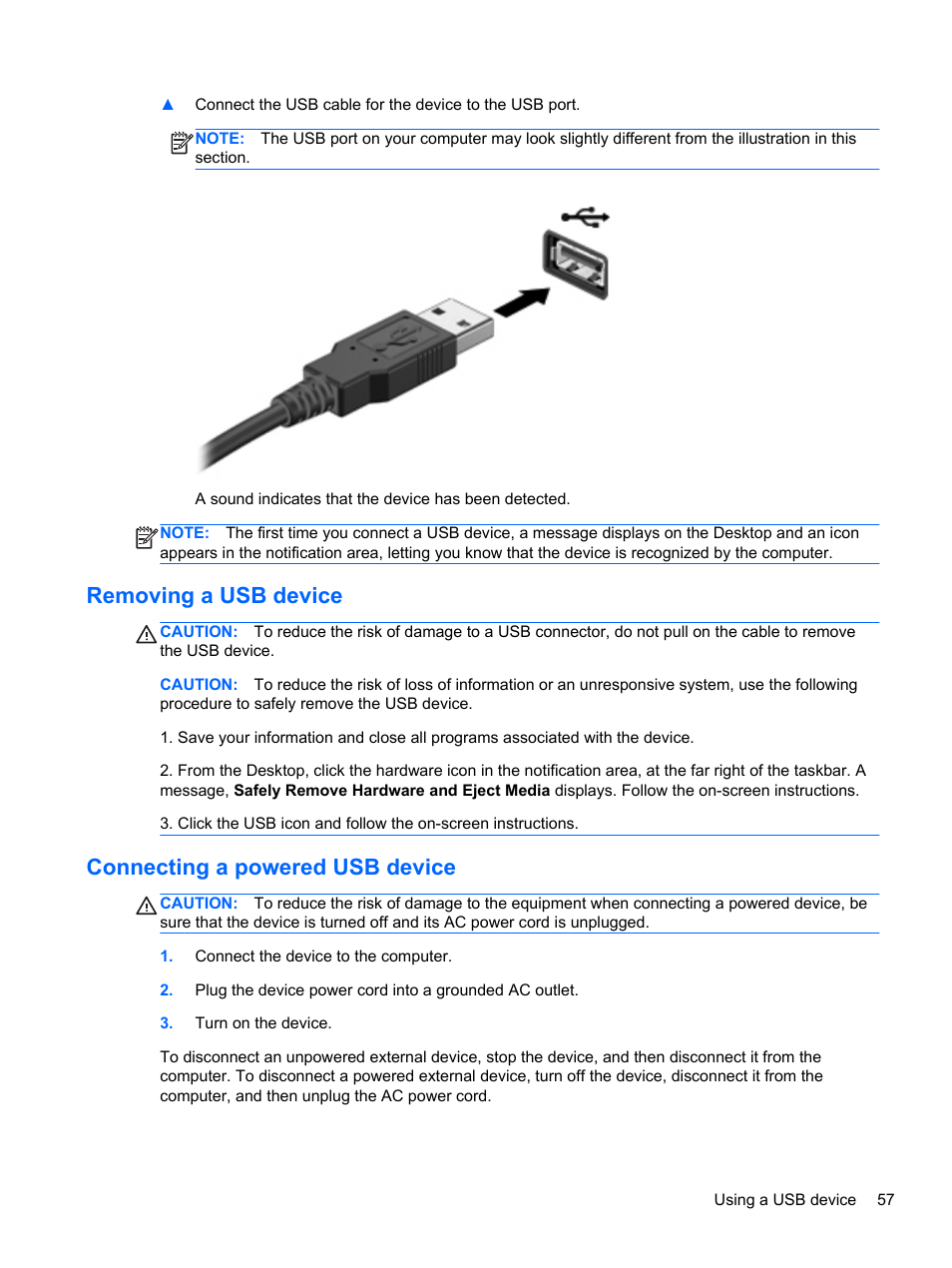 Removing a usb device, Connecting a powered usb device | HP Spectre XT Ultrabook CTO 13t-2100 User Manual | Page 67 / 95