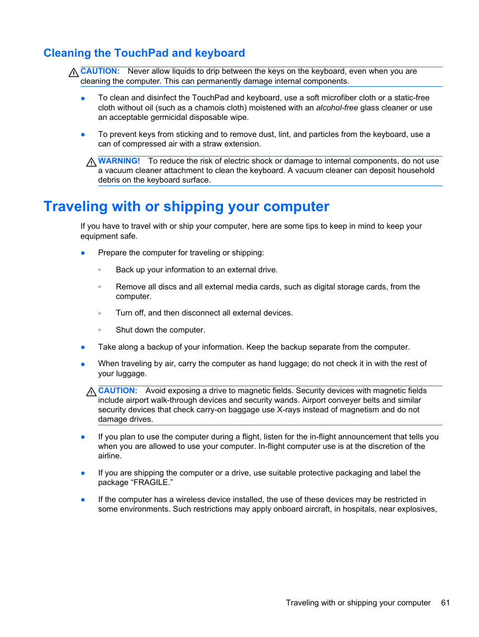Cleaning the touchpad and keyboard, Traveling with or shipping your computer | HP Spectre XT Ultrabook CTO 13t-2100 User Manual | Page 71 / 95