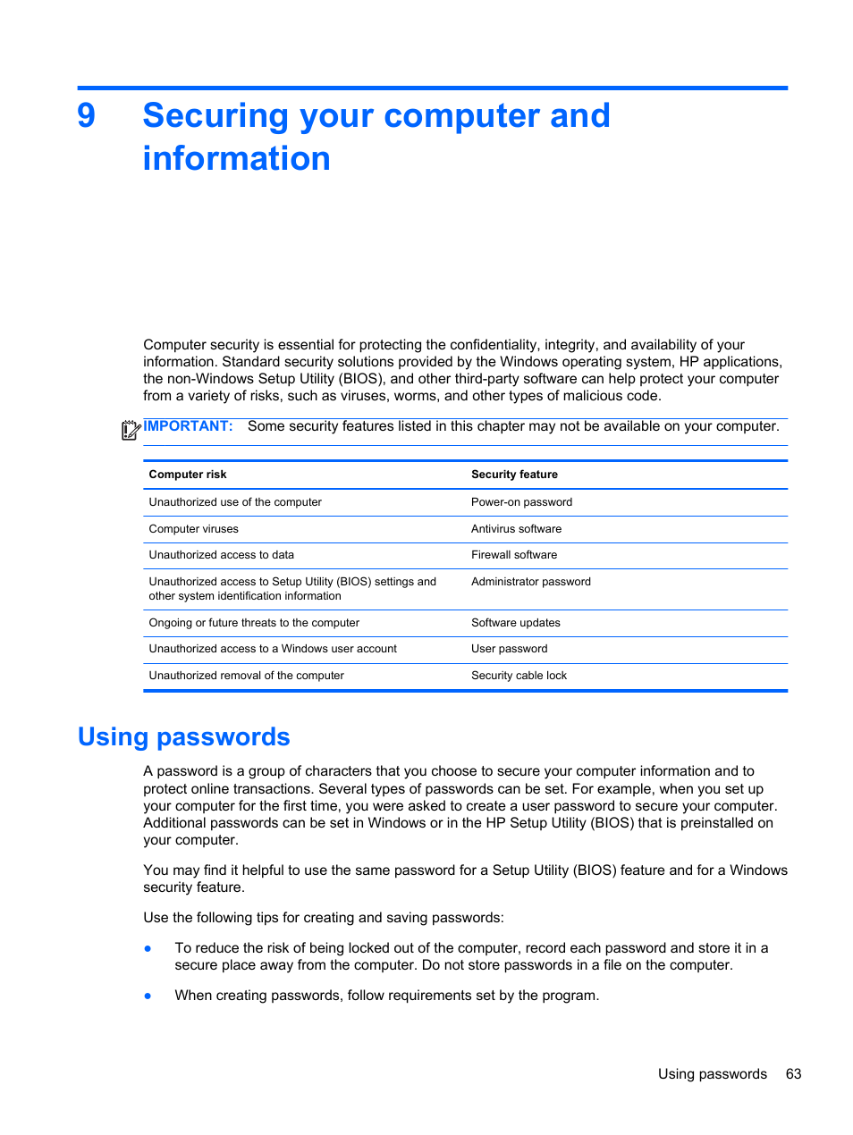 Securing your computer and information, Using passwords, 9 securing your computer and information | 9securing your computer and information | HP Spectre XT Ultrabook CTO 13t-2100 User Manual | Page 73 / 95