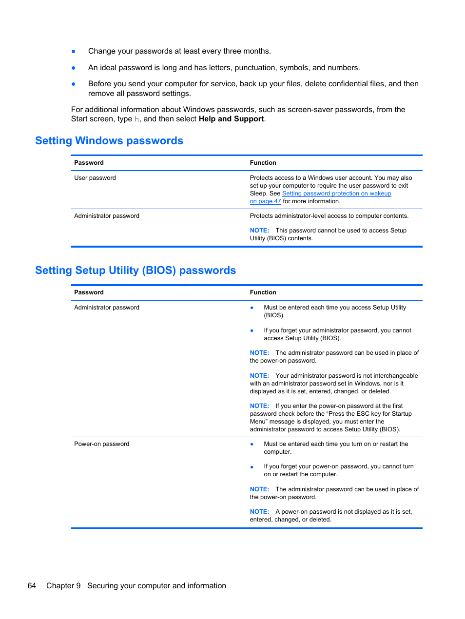 Setting windows passwords, Setting setup utility (bios) passwords | HP Spectre XT Ultrabook CTO 13t-2100 User Manual | Page 74 / 95